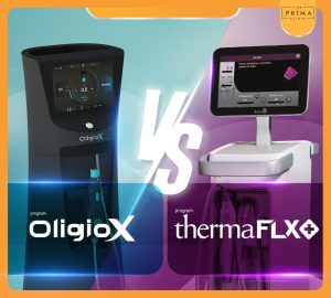 Split-screen product comparison: OligioX on the left and ThermaFLX on the right with a large 'VS' in the center and The Prima Clinic logo in the top-right corner, colorful gradient background.