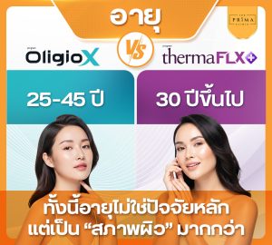 Advertisement banner comparing OligioX vs ThermaFLX, highlighting age groups 25–45 and 30+, with two models posing.