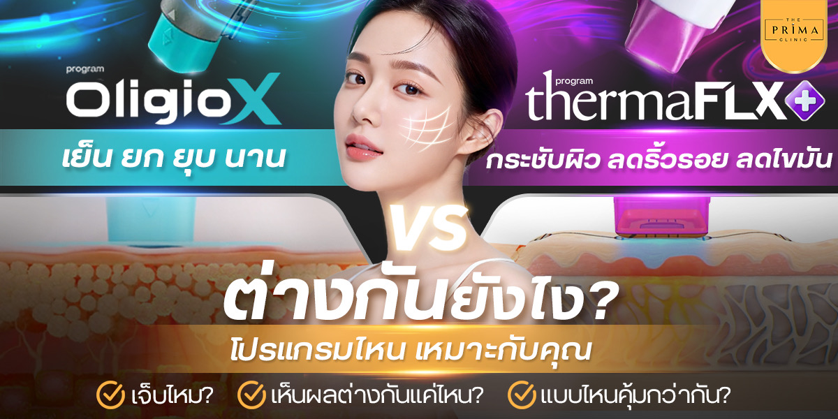 Promotional banner comparing skincare devices OligioX and ThermaFLX, featuring a model and Thai slogans with a 'VS' in the center.